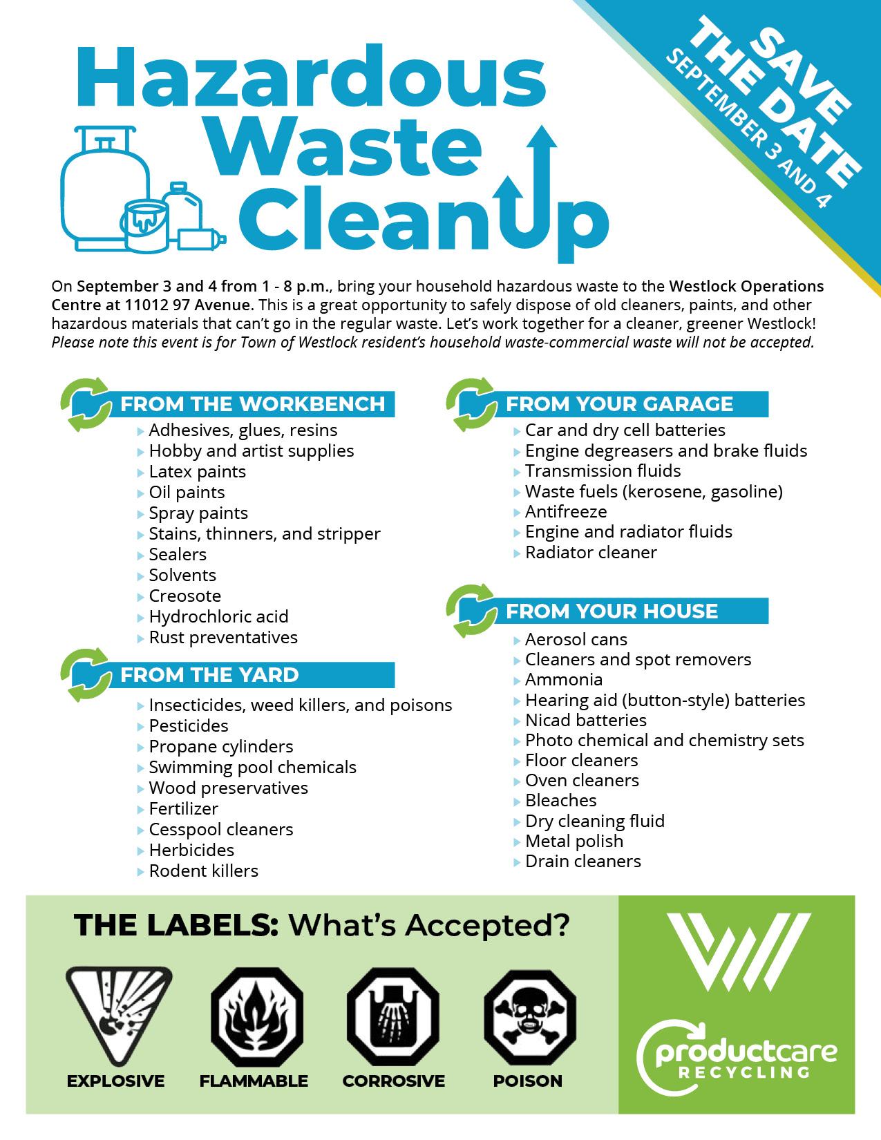 Poster noting acceptable items in the hazardous waste clean up